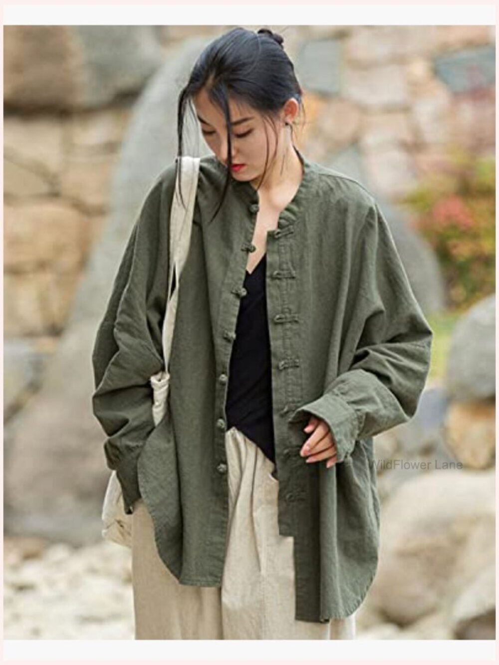 Linen Oversized Blouse Vintage Long Sleeve Chinese Frog Button Jacket Shirt Top - Picture 2 of 7